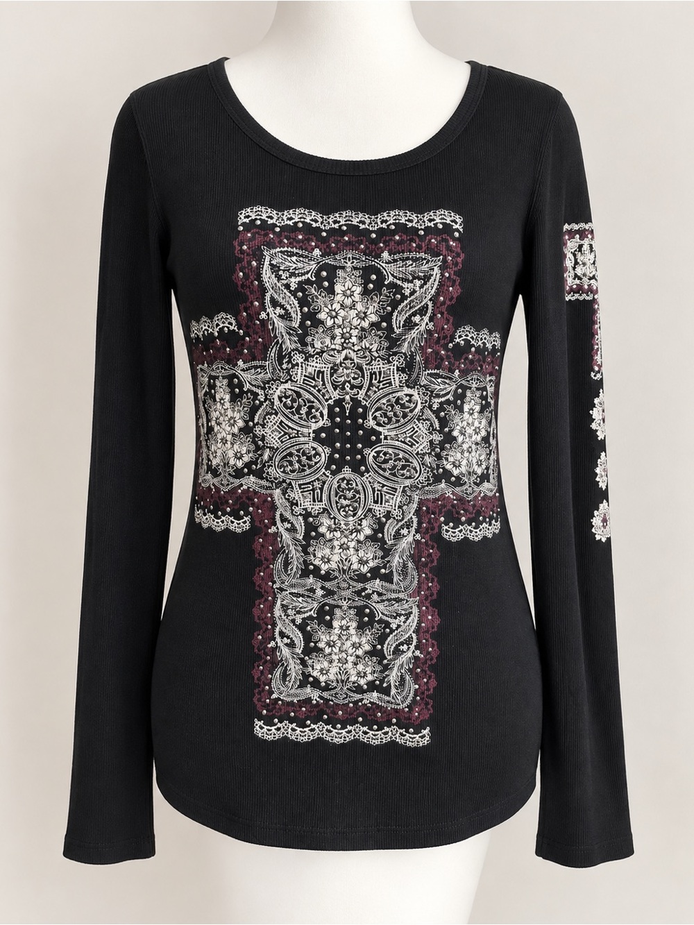 Vocal Made in USA Y2K Rhinestone Cross Long Sleeve Top Size M
